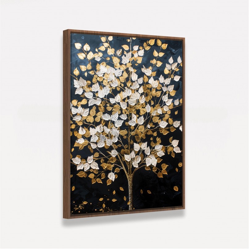 Quadro Abstrato Árvore Folhas Douradas e Brancas