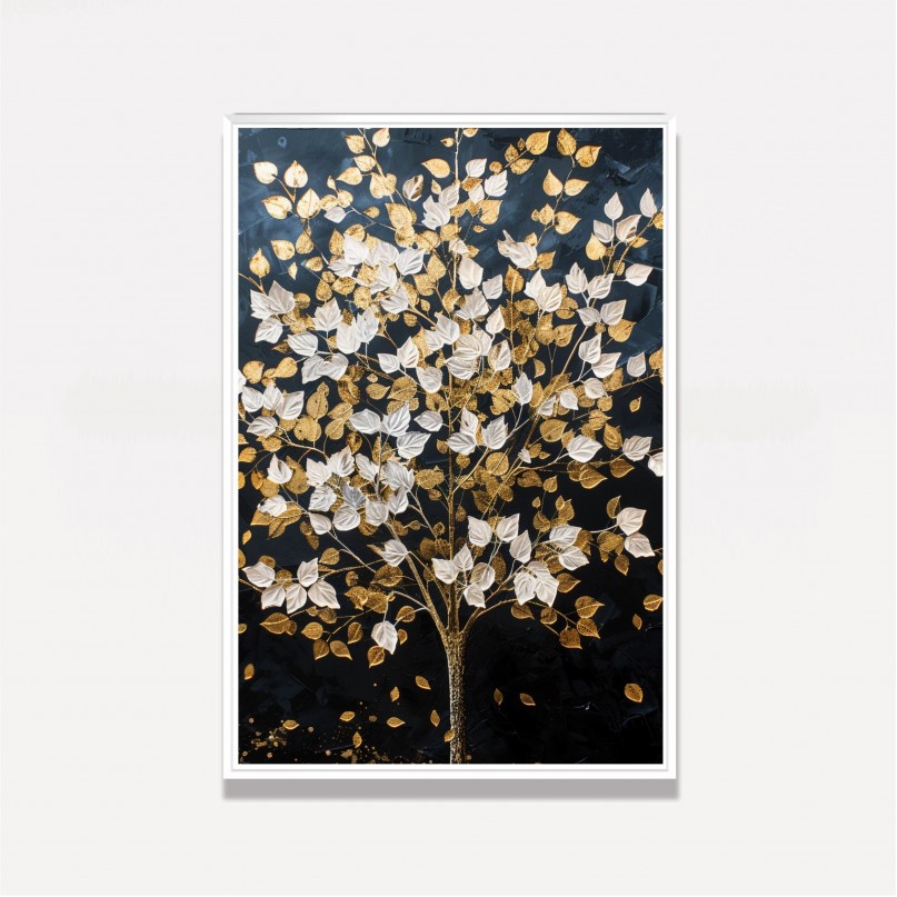 Quadro Abstrato Árvore Folhas Douradas e Brancas
