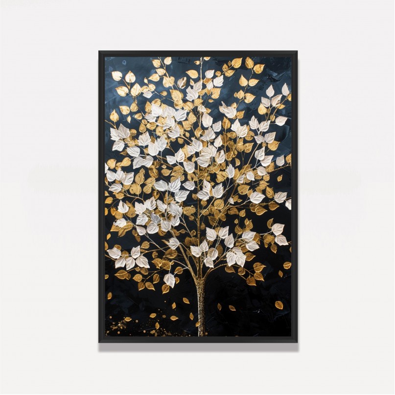Quadro Abstrato Árvore Folhas Douradas e Brancas