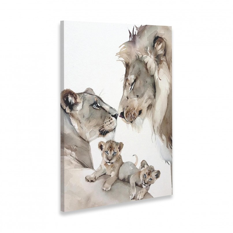 Quadro Decorativo Casal de Leões e Filhotes
