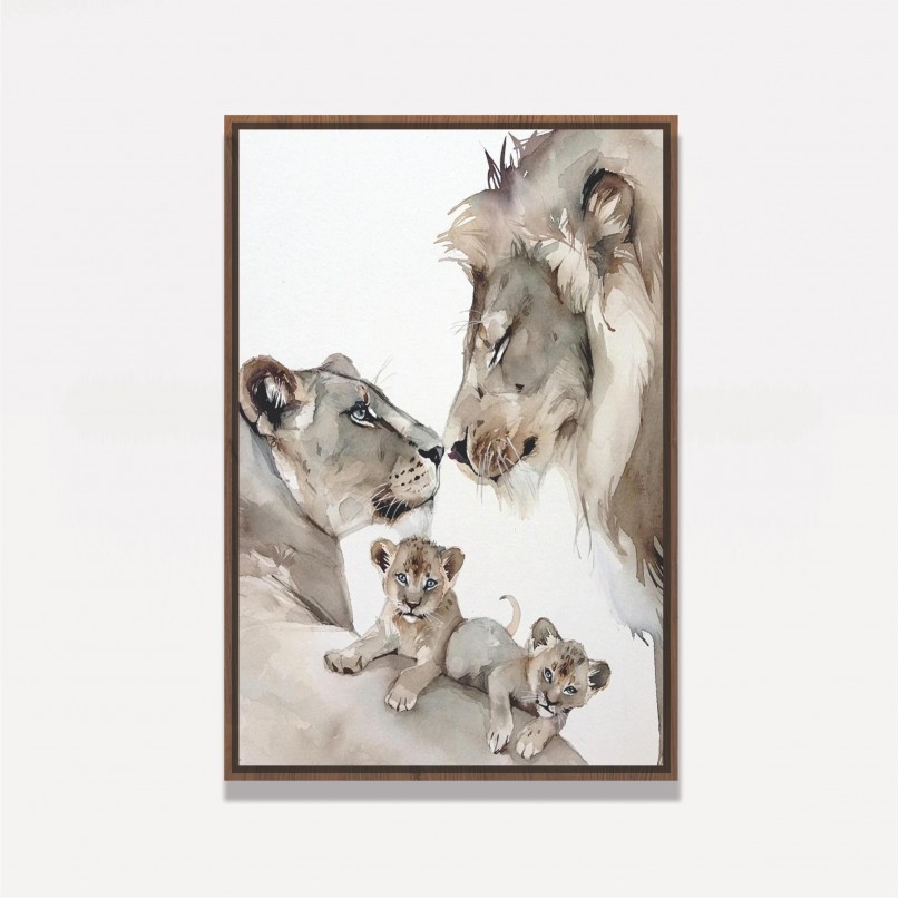 Quadro Decorativo Casal de Leões e Filhotes