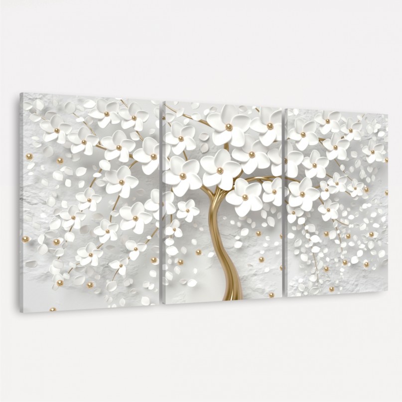 Quadro Flores de Cerejeiras Brancas e Douradas decorativo