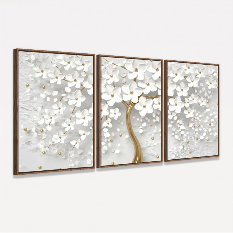 Quadro Flores de Cerejeiras Brancas e Douradas decorativo
