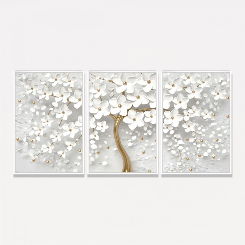 Quadro Flores de Cerejeiras Brancas e Douradas decorativo