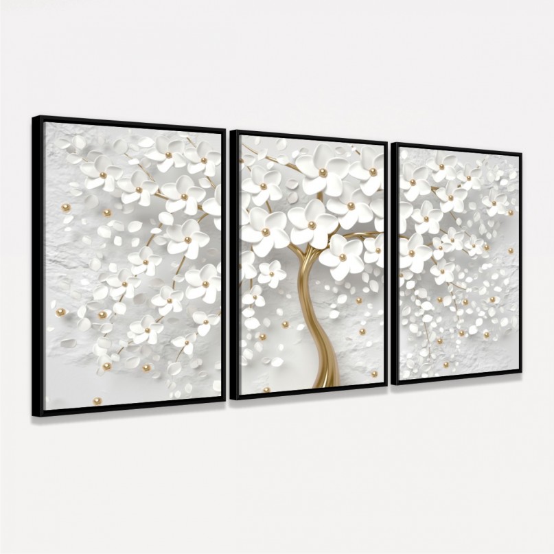 Quadro Flores de Cerejeiras Brancas e Douradas decorativo