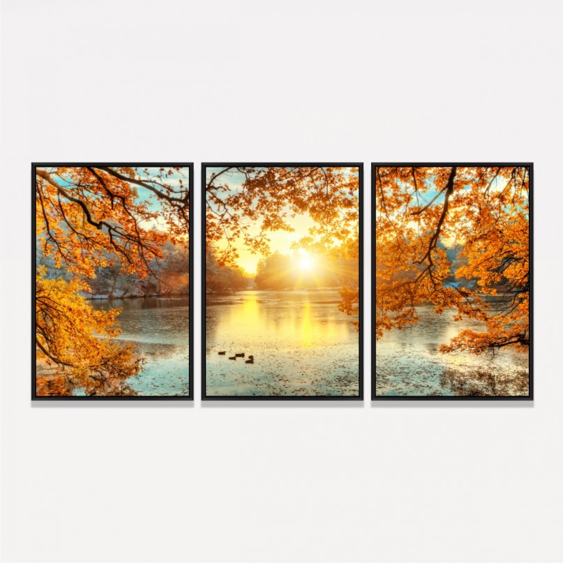 Quadro Paisagem Decorativo Entardecer Árvores e Lago
