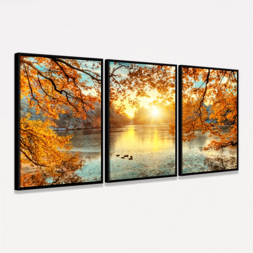Quadro Paisagem Decorativo Entardecer Árvores e Lago
