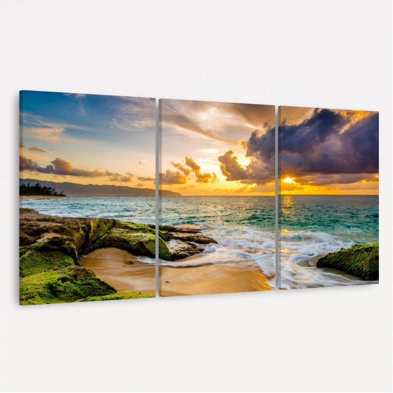 Quadro Paisagem a Beira Mar ao Entardecer - 3 Peças