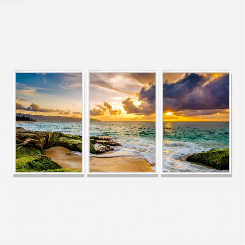 Quadro Paisagem a Beira Mar ao Entardecer - 3 Peças