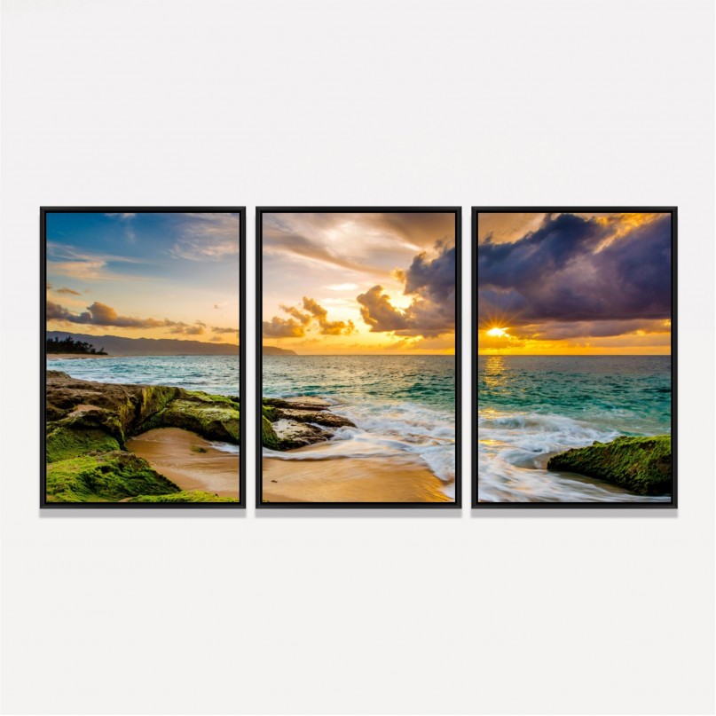 Quadro Paisagem a Beira Mar ao Entardecer - 3 Peças