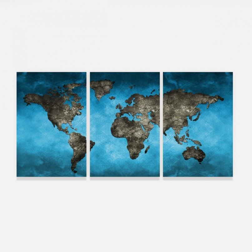 Quadro Mapa Mundi Artístico Azul Moderno