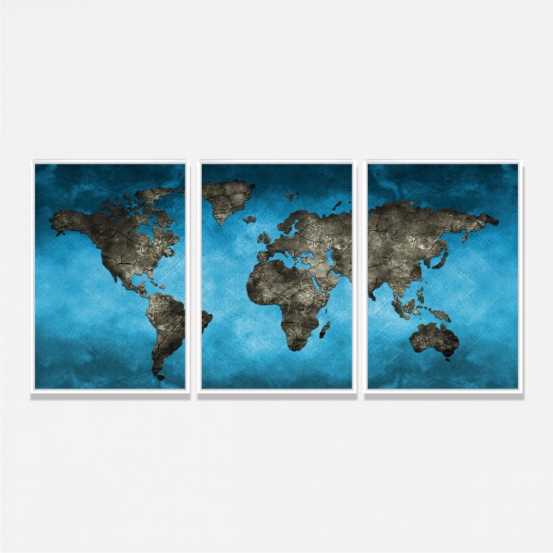 Quadro Mapa Mundi Artístico Azul Moderno