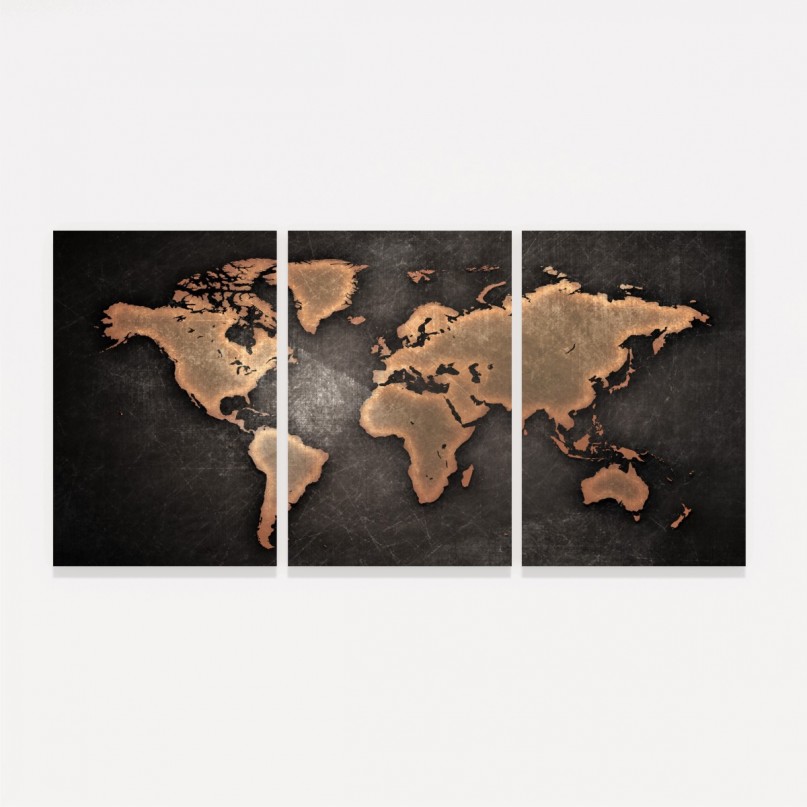 Quadro Mapa Mundi Efeito Vintage Mosaico 3 Peças