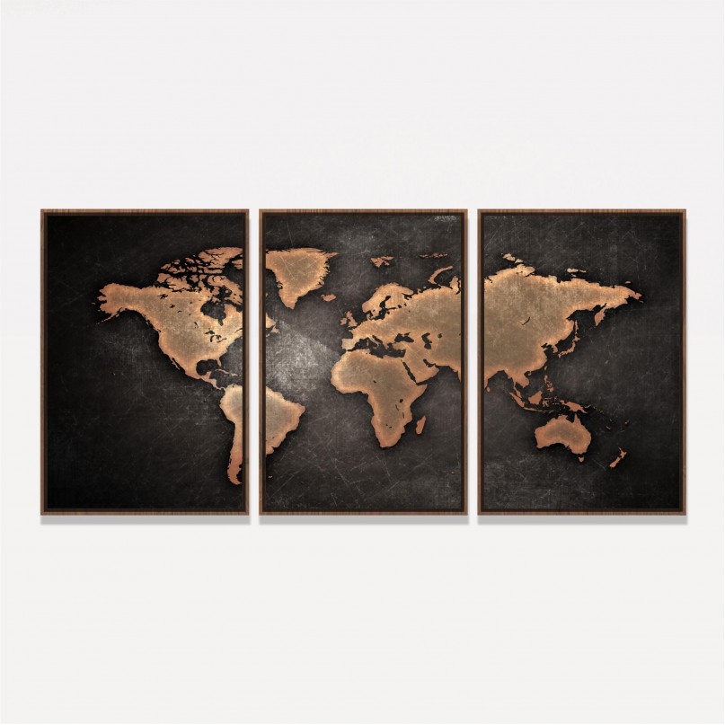 Quadro Mapa Mundi Efeito Vintage Mosaico 3 Peças
