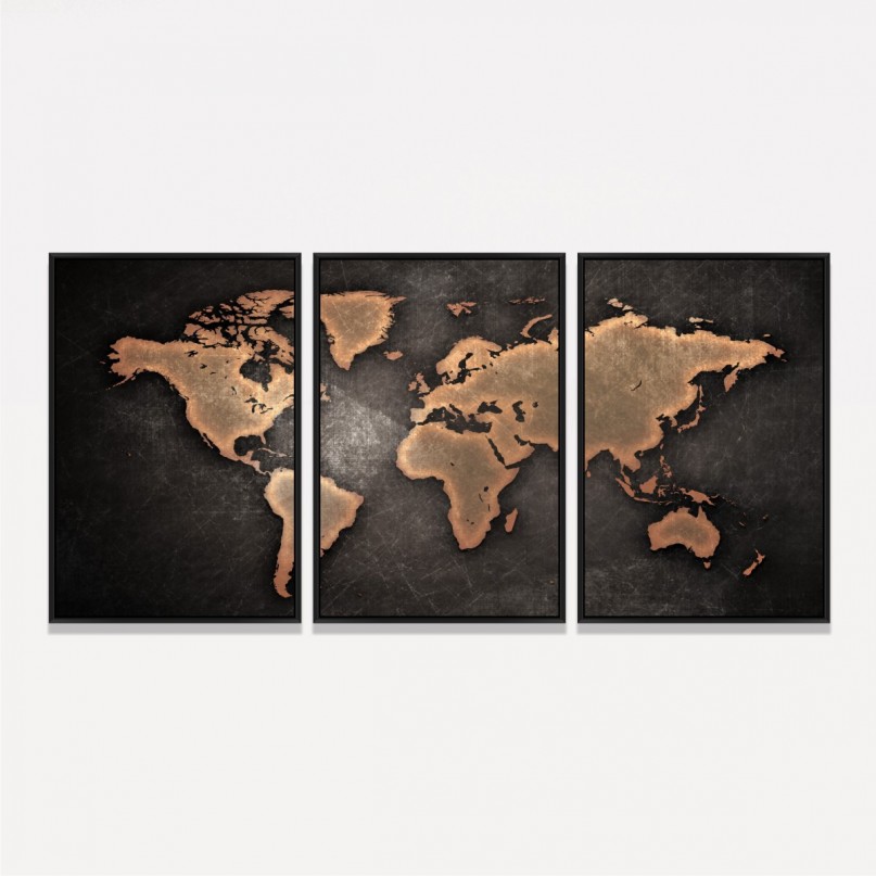 Quadro Mapa Mundi Efeito Vintage Mosaico 3 Peças