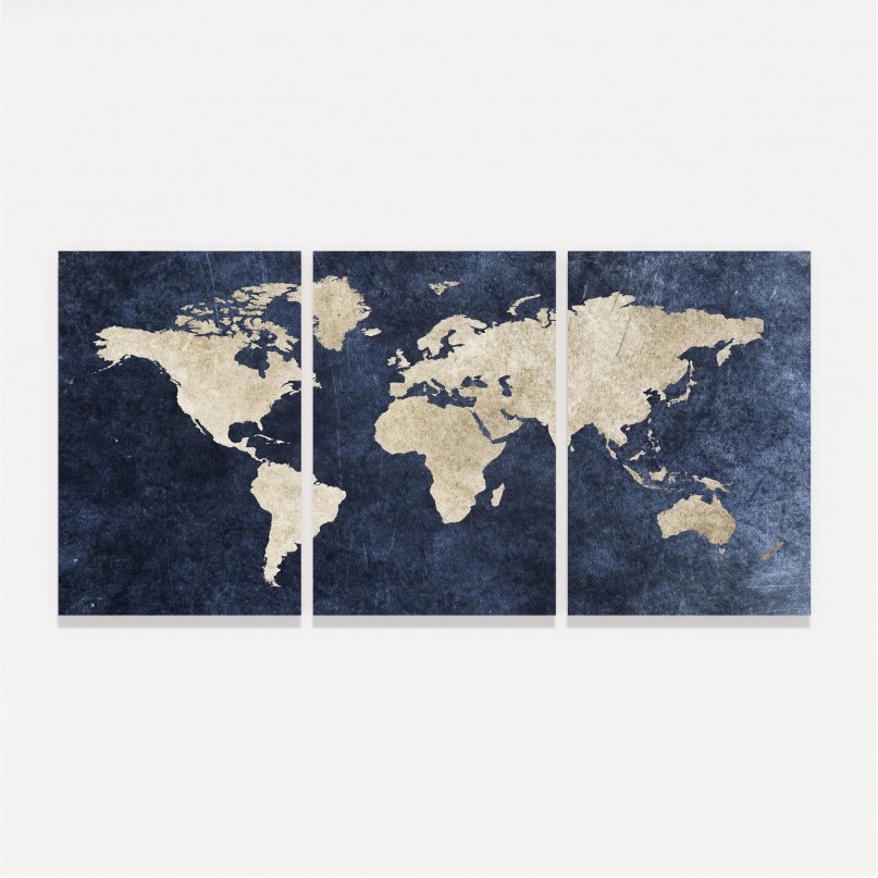 Quadro Mapa Mundi decorativo Efeito Rústico Azul em 3 Peças
