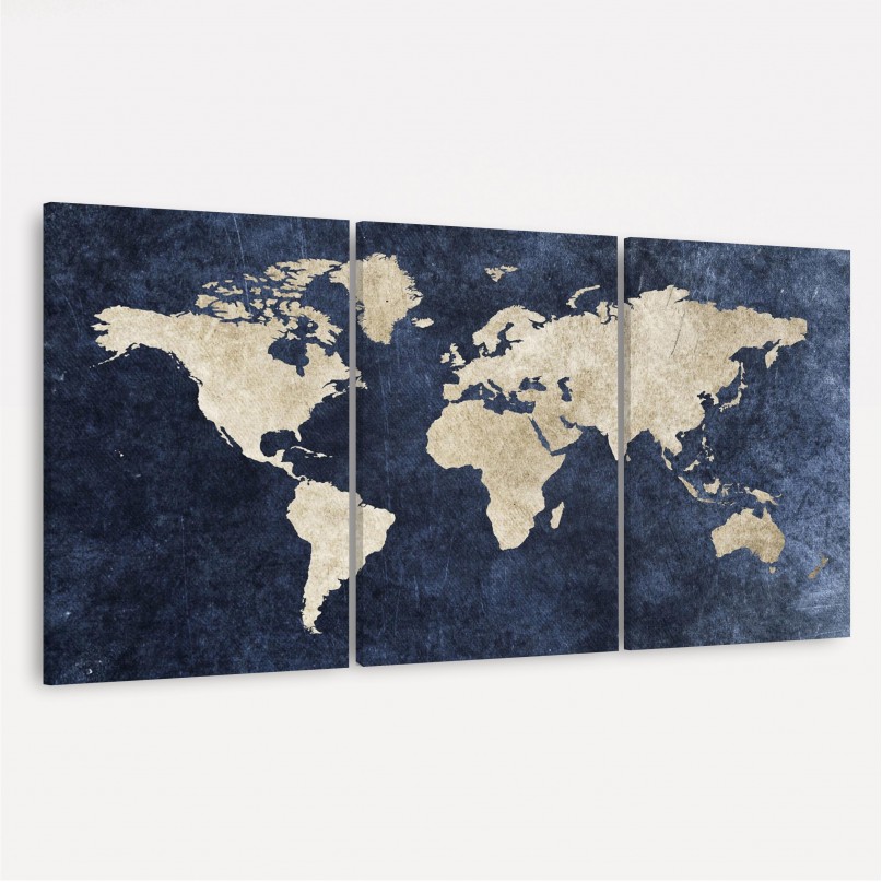 Quadro Mapa Mundi decorativo Efeito Rústico Azul em 3 Peças