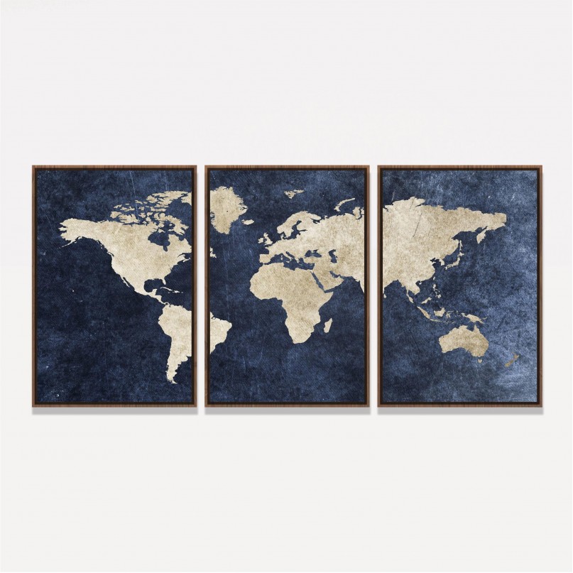 Quadro Mapa Mundi decorativo Efeito Rústico Azul em 3 Peças