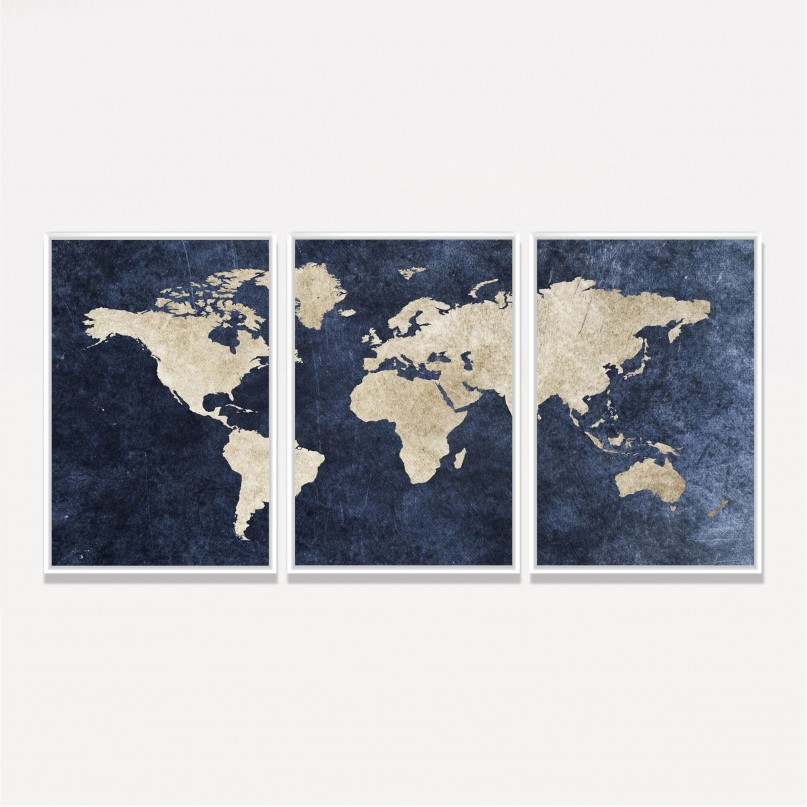 Quadro Mapa Mundi decorativo Efeito Rústico Azul em 3 Peças