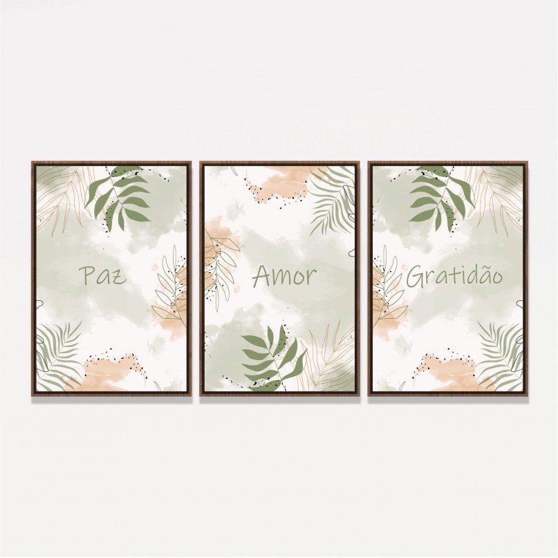 Kit Quadros Paz Amor e Gratidão - Folhagem Natural