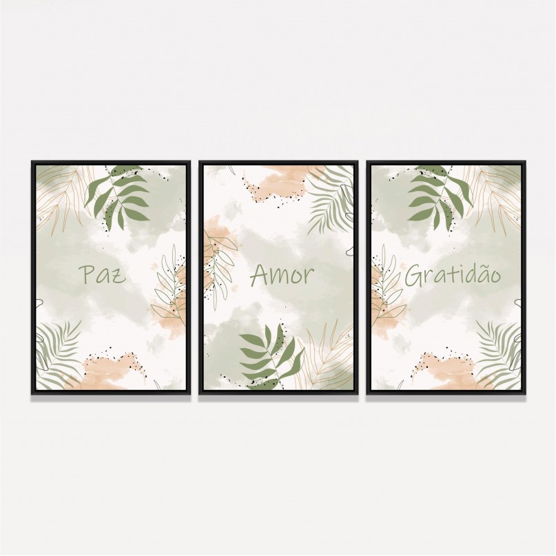 Kit Quadros Paz Amor e Gratidão - Folhagem Natural