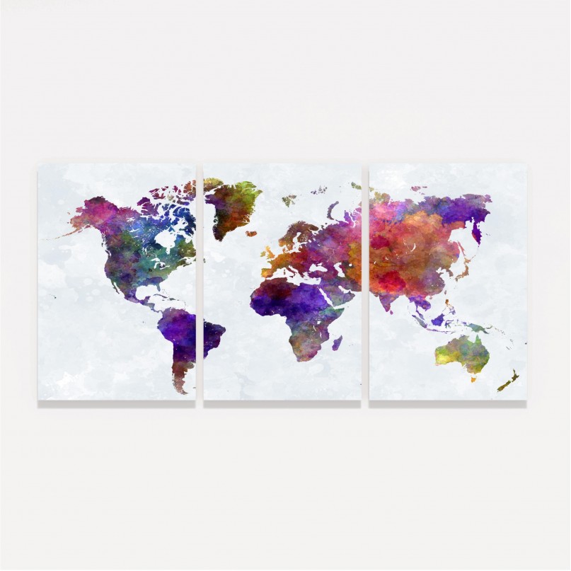 Quadro Mapa Mundi Aquarela Colorido - 3 Peças