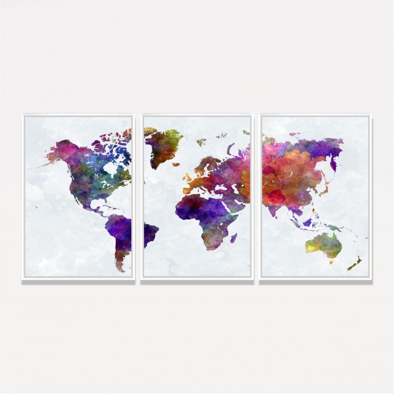 Quadro Mapa Mundi Aquarela Colorido - 3 Peças