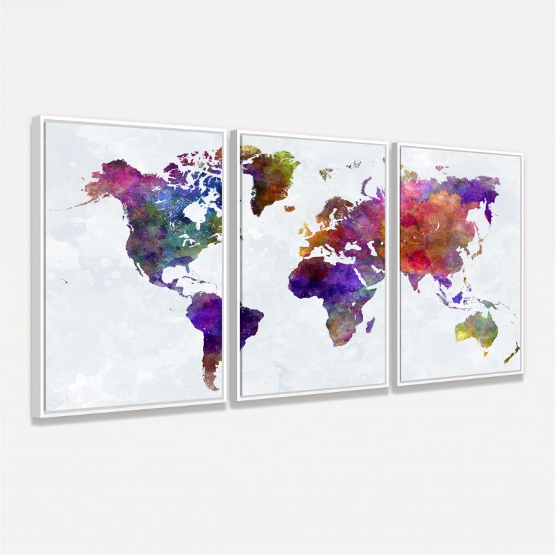 Quadro Mapa Mundi Aquarela Colorido - 3 Peças