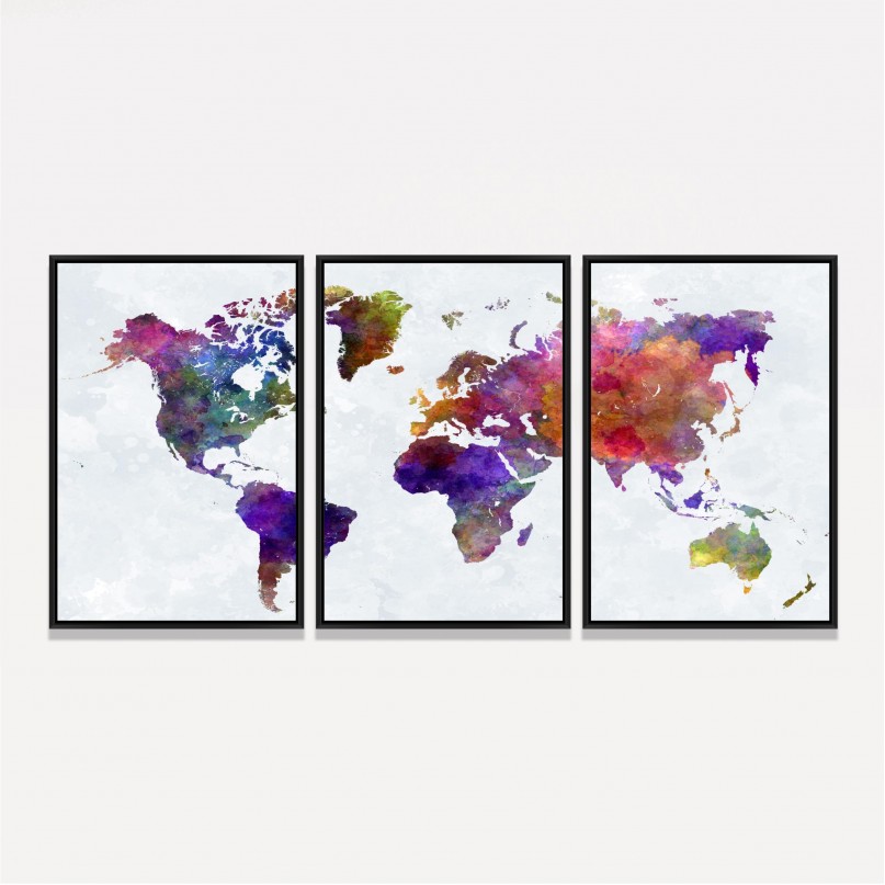 Quadro Mapa Mundi Aquarela Colorido - 3 Peças