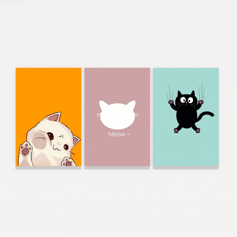 Kit Quadros Gatinhos Fofos Meow - 3 Peças