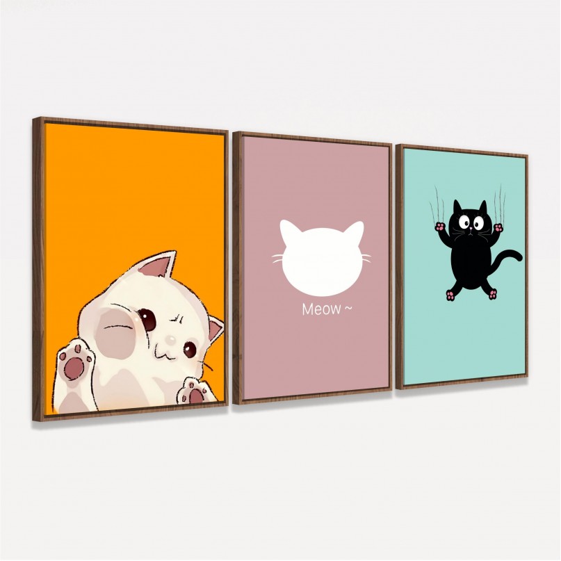Kit Quadros Gatinhos Fofos Meow - 3 Peças