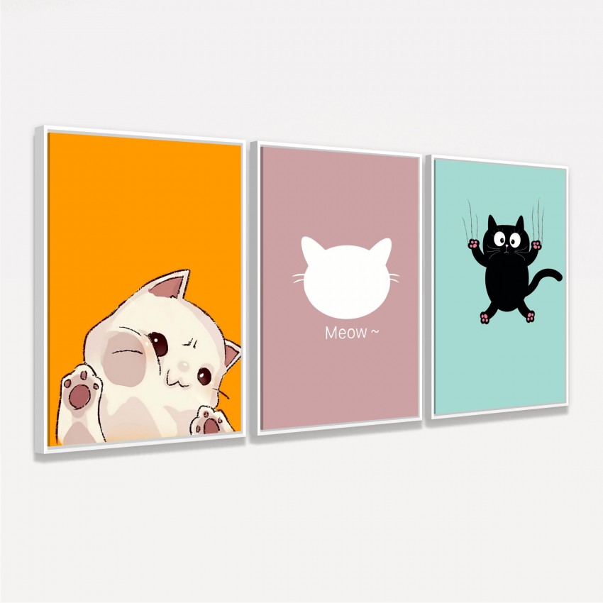 Kit Quadros Gatinhos Fofos Meow - 3 Peças