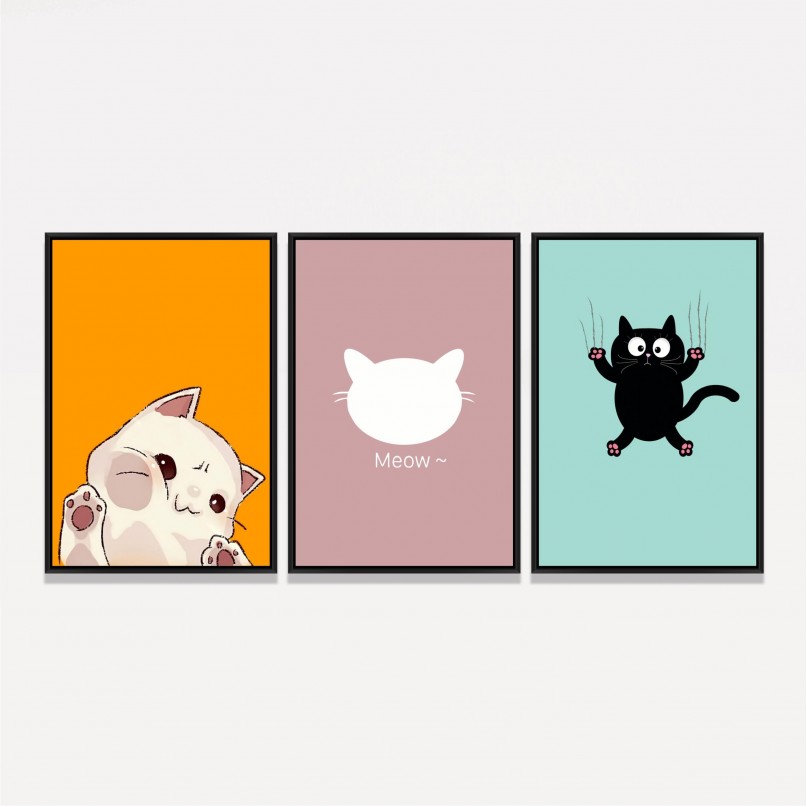 Kit Quadros Gatinhos Fofos Meow - 3 Peças