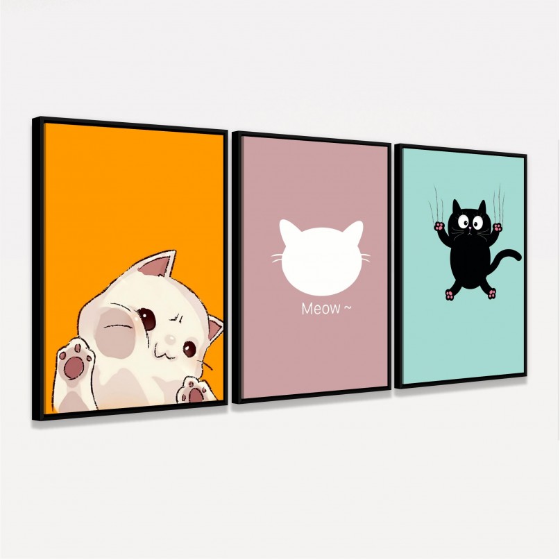 Kit Quadros Gatinhos Fofos Meow - 3 Peças