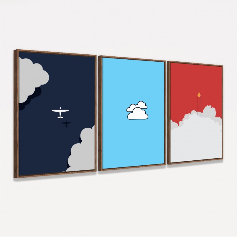 Kit Quadros decorativos Avião Nuvens Jato - 3 Peças