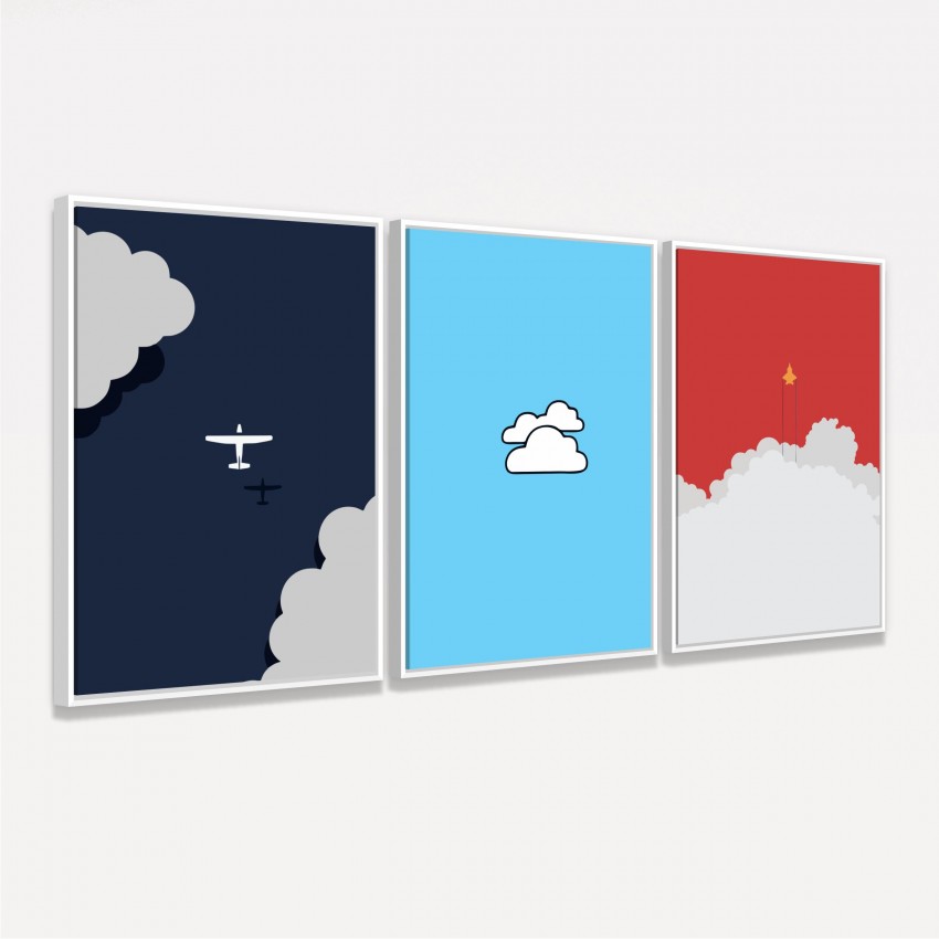 Kit Quadros decorativos Avião Nuvens Jato - 3 Peças