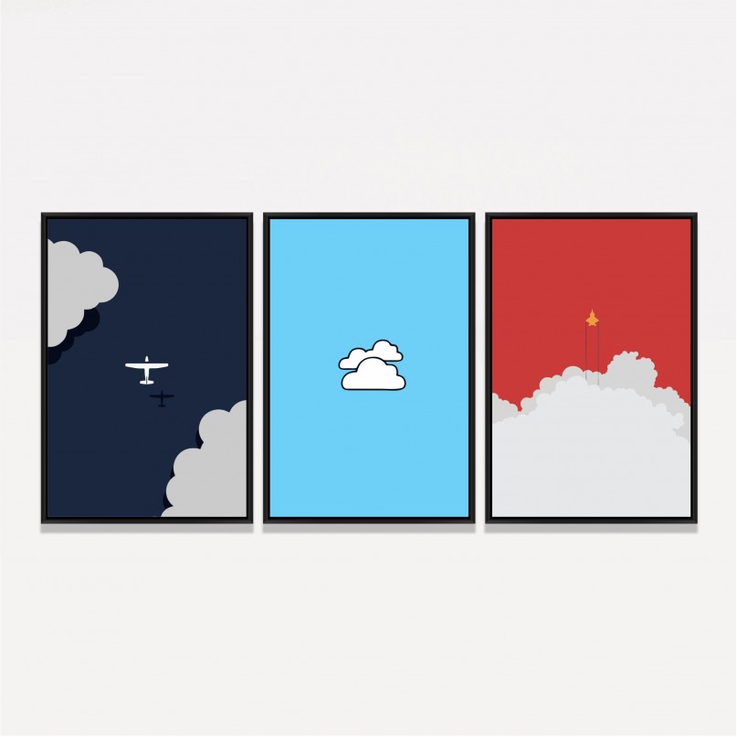 Kit Quadros decorativos Avião Nuvens Jato - 3 Peças