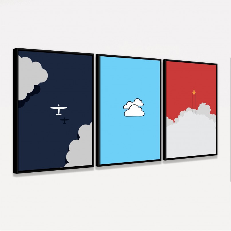 Kit Quadros decorativos Avião Nuvens Jato - 3 Peças