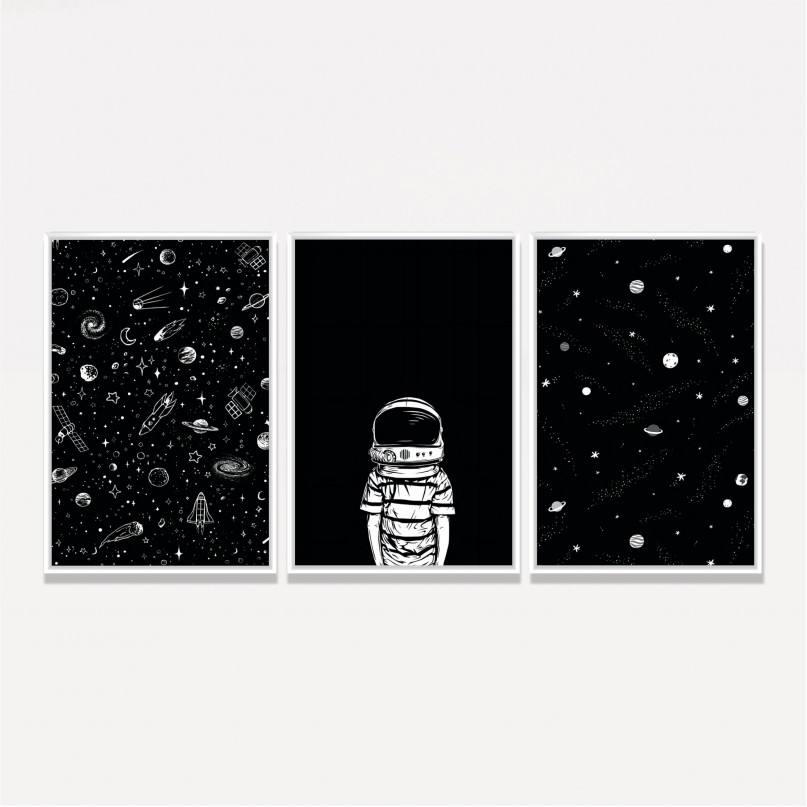 Kit Quadros Universo Astronauta Estrelas Galáxias - Preto e Branco