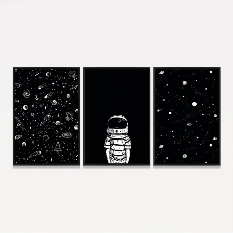 Kit Quadros Universo Astronauta Estrelas Galáxias - Preto e Branco