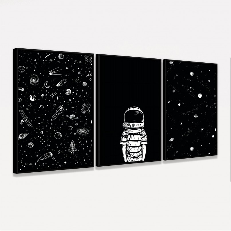 Kit Quadros Universo Astronauta Estrelas Galáxias - Preto e Branco