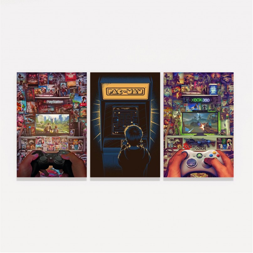 Kit Quadros decorativos Mundo dos Gamers Consoles - 3 Peças