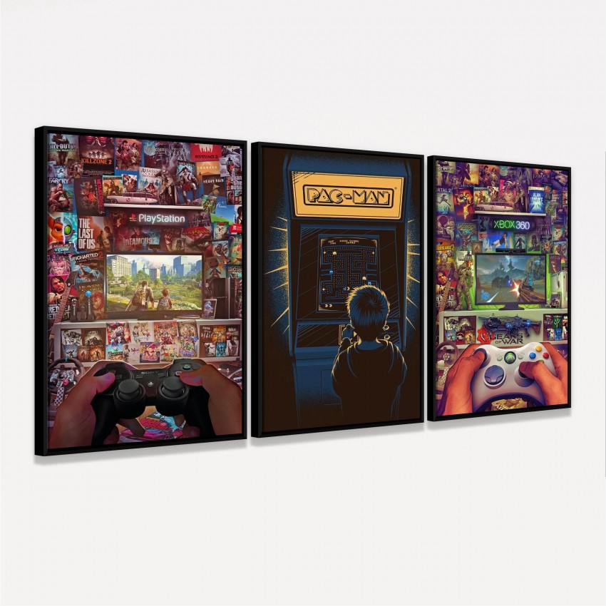 Kit Quadros decorativos Mundo dos Gamers Consoles - 3 Peças