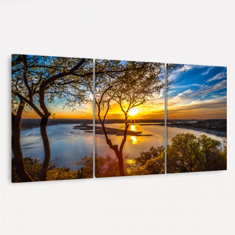 Quadro decorativo Paisagem Entardecer no Lago 3 Peças