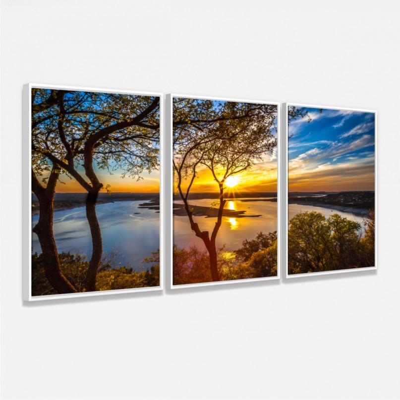 Quadro decorativo Paisagem Entardecer no Lago 3 Peças